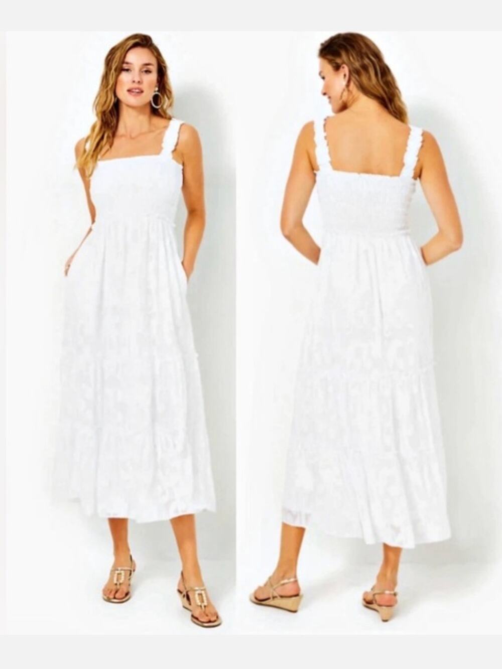 NWT Lilly Pulitzer Hadly Smocked Maxi Dress L White Wedding Guest Garden Party